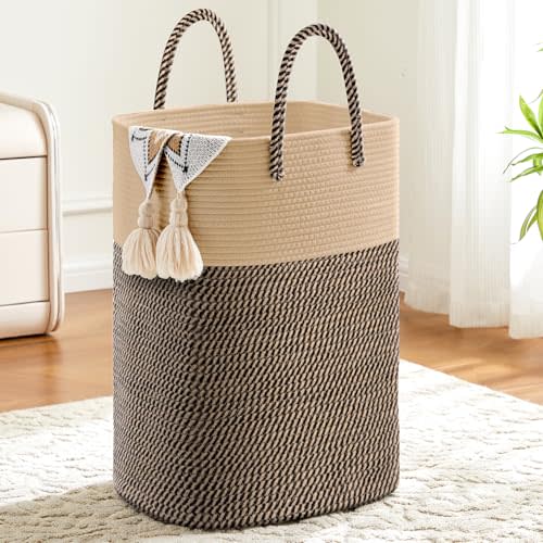 Laundry Basket,Woven Cotton Rope Laundry Hamper,Versatile Storage for Dirty Clothes,Baby Toys,and Blankets in Bathroom, Nursery,and Living Room (Jute, 60L)