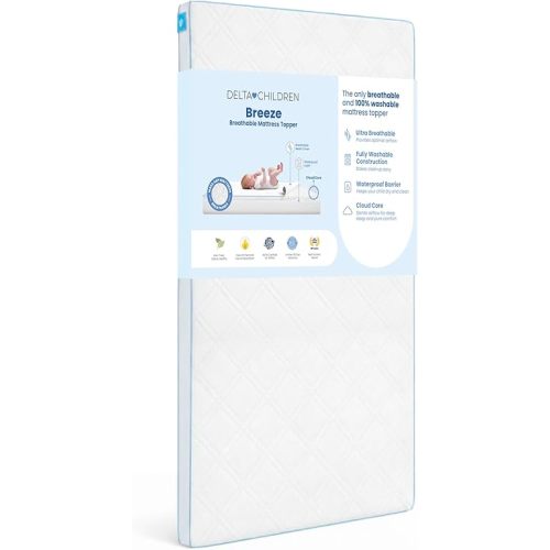 Delta Children Breeze Breathable Crib Mattress Topper, Makes Any Crib Mattress Breathable, 100% Washable, Ultra-Breathable Quilted Layer for Comfort, Fits Standard Size Cribs & Toddler Beds