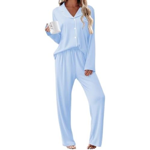 Ekouaer Womens Pajama Sets 2 Piece Long Sleeve Sleepwear Soft Button Down Pjs Lounge Set S-XXL