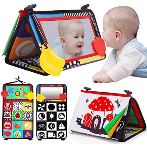 Tummy Time Baby Mirror Infant Toys Newborn Toys 0 3 Months Brain Development with Crinkle Cloth Book and Teether Black and White High Contrast Baby Toys 4 6 9 12 Month Boys Girls Crawling Sensory Toy