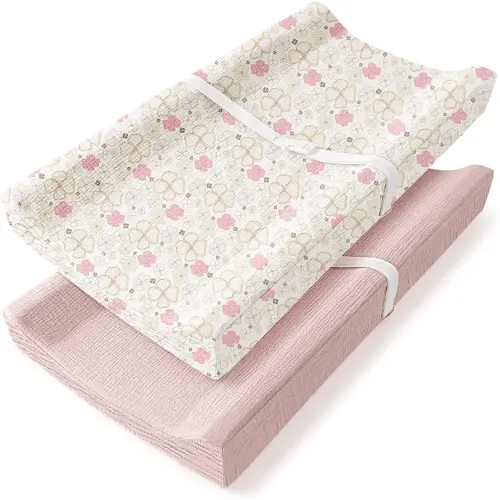 Bearmoss Changing Pad Cover, 2 Pack Muslin [100% Cotton] Diaper Changing Table Covers, 32'' x 16'' Soft Breathable Changing Pad Sheets for Unisex Baby Girls and Boys with Strap Holes (Pinkfloral)