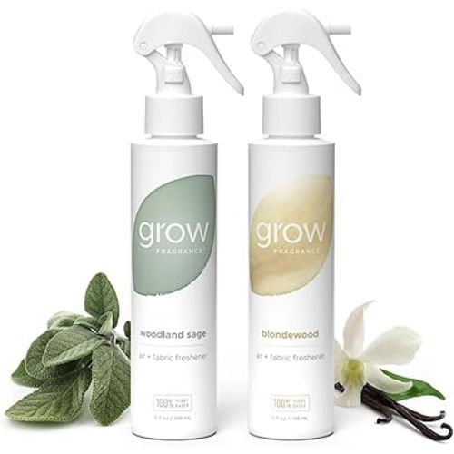 Grow Fragrance Scented Fabric and Room Air Freshener Spray - Certified Non-Toxic, 100% Plant-Based Essential Oils - 5 oz (Blondewood + Woodland Sage 2-Count)