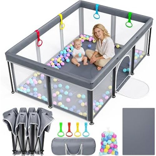 Foldable Baby Playpen: 50"×71" Playpen for Babies and Toddlers Portable Setup Baby Play Pen with Mat Indoor Outdoor Safety Fence Play Yard Kids Play Area with Storage Bag 50 Ocean Balls 4 Handlers