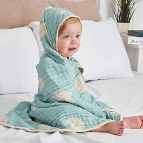 Muslin Baby Beach Bath Towel Hooded Organic Cotton Blend OceanGreen