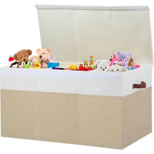 Extra Large Toy Storage Box with Lid, Sturdy Toys Storage Chest Bin Organizer Basket with Dividers for Kids, Boys, Girls, Nursery, Closet, Bedroom, Playroom 35.5"x17" x17" (Beige and White)