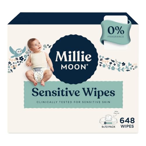Millie Moon Sensitive Baby Wipes, Unscented, 648 Count (9 Packs of 72) - Plant-Based, Hypoallergenic, Fragrance-Free Diaper Wipes for Sensitive Skin, Bulk Pack