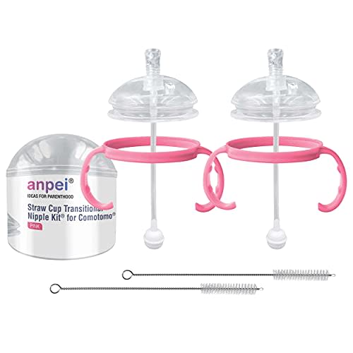 Straw Transition Cup Kit for Comotomo Baby Bottles | Conversion Kit Fits 5 Ounce and 8 Ounce Bottles | Soft, Silicone Straw Top Bottle Nipple & Weighted Straw to Help Baby | 2 Pack (Pink) + Brushes