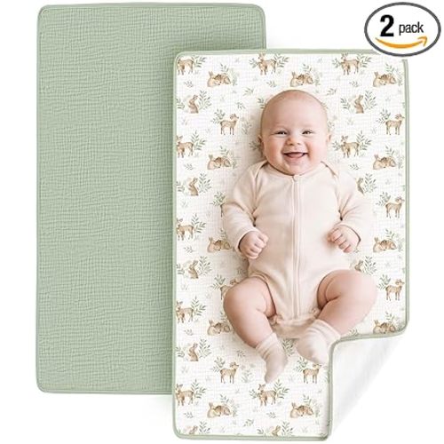 Konssy 2 Pack Waterproof Muslin Cotton Portable Changing Pad 30"x 17", Soft & Foldable Baby Changing Mat Travel Pad with Terry Backing, Shower Gift for Newborn Girls Boys (Woodland,Sage)