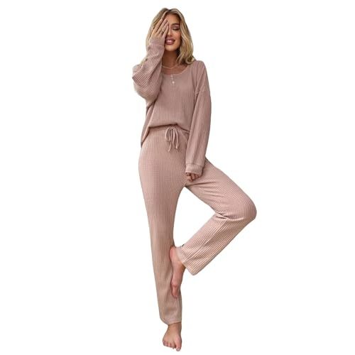 WDIRARA Women's 2 Piece Pajama Waffle Knit Lounge Set Long Pants Sleepwear