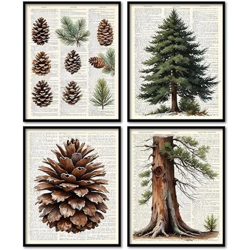 KDHTY Vintage Pine Tree Cones Decor Wall Art,Christmas Pictures Decorations for Home,Christmas Pine Tree Pictures Wall Decor,Nature Pictures Wall Decor,8x10 Unframed,Set of 4