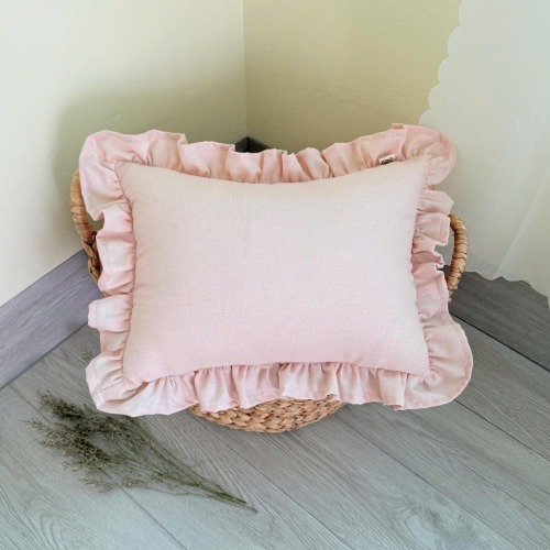 Blush Pink Ruffled Linen Pillow: Handmade Romantic Bedroom Decor