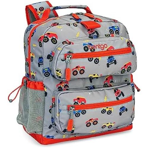 Bentgo Kids Backpack - Lightweight 14” Backpack in Fun Prints for School, Travel, & Daycare, Ideal for Ages 4+, Roomy Interior, Durable & Water-Resistant Fabric, & Loop for Lunch Bag (Trucks)