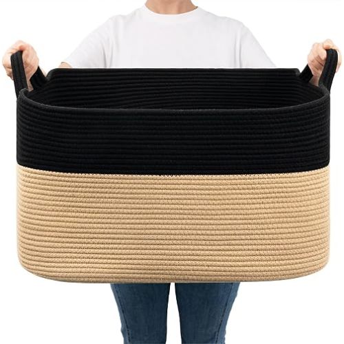 Goodpick Large Wicker Basket, Blanket Baskets for Living Room, Black Jute