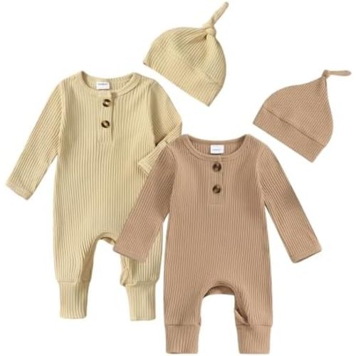 Infant Boys Girls Clothes Set Newborn Baby Romper Hat Ribbed Knit Long Sleeve Button Solid Bodysuit Jumpsuit