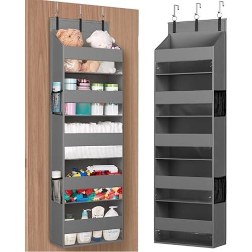 Lifewit 1 Pack Over the Door Organizer, 5 Shelf Clear Window Hanging Storage with 4 Mesh Side Pockets, Anti Tilt 40 lbs Load Behind Door for Pantry, Nursery, Bathroom, Bedroom, Kitchen, Dorm, Grey