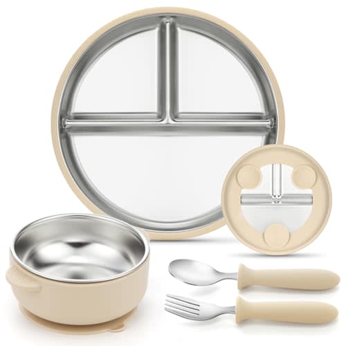 AIEVE Stainless Steel Kids Plates and Bowls with Suction,4 Pcs Kids Dinnerware Set Including Spoon,Fork,Divided Toddler Suction Plates and Suction Bowls