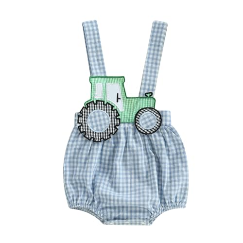 Santikisler Newborn Baby Boy Girl Summer Outfit Farm Tractor Bubble Romper Plaid Sleeveless Bodysuit Overalls Country Clothes