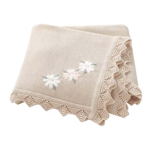 Embroidered Flower Knit Blanket | Caramel