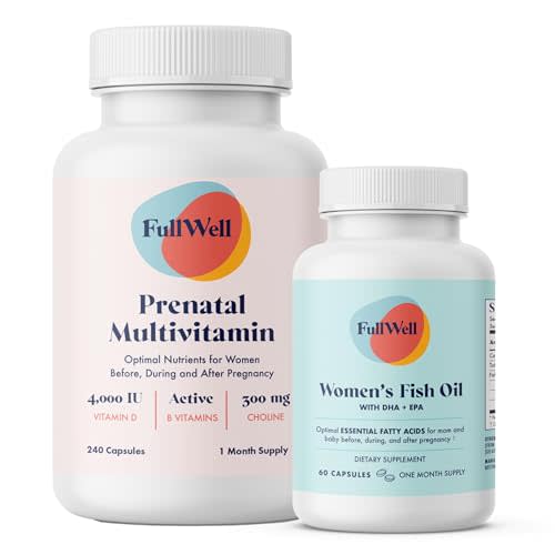 FullWell Prenatal Vitamin + DHA | Omega 3 Fish Oil with DHA & EPA for Brain Development & Nervous System Support | 26+ Vital Nutrients | Dietitian-formulated, Non-GMO, 3rd Party Tested, 30 Servings