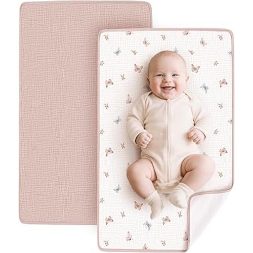 Konssy 2 Pack Waterproof Muslin Cotton Portable Changing Pad 30"x 17", Soft & Foldable Baby Changing Mat Travel Pad with Terry Backing, Shower Gift for Newborn Girls Boys (Taupe,Butterfly Dreams)