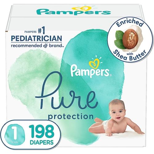 Diapers Size 1, 198 Count - Pampers Pure Protection Disposable Baby Diapers, Hypoallergenic and Unscented Protection (Packaging & Prints May Vary)