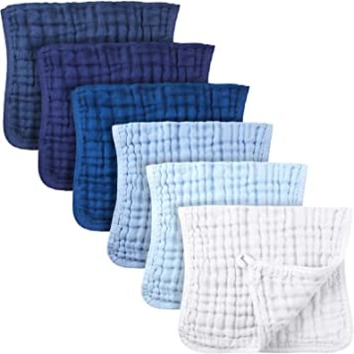 Irenare 6 Pack Muslin Burp Cloths Cotton Baby Burping Rags Large 20 x 10 Inch 6 Layers Spit up Rags Soft Absorbent Multicolor Wash Cloths Diapers for Newborn Baby Girl Boy (Blue Series)