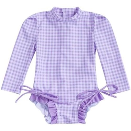 Yccutest Toddler Rash Guard One Piece Swimsuit Baby Girl Long Sleeve Ruffles Swimwear Zipper Bathing Suit Checkerboard Outfit