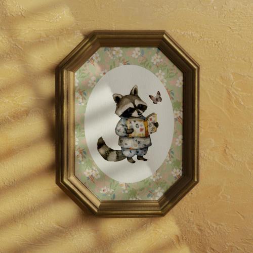 Racoon Reading Nursery Wall Art, Whimsical Print for Kids Room and Playroom, Vintage Nursery Decor, Coquette Room Decor