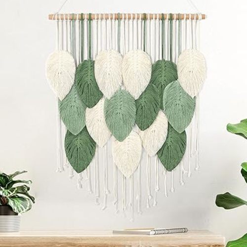 Weldomcor Macrame Wall Hanging, Boho Leaves Macrame Tapestry Wall Decor Handmade Green Woven Hanging Decor Chic Bohemian Wall Art Home Decoration for Bedroom Living Room Nursery Office 23.6"W x 29.5"L