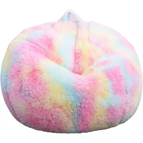 Fluffy Stuffed Animal Storage Bean Bag Chair Cover (No Filler), Faux Fur Comfy Bean Bag Cover for Organizing Plush Toys or Textile, for Adults Teens Kids Girls, Rainbow