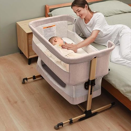 Soobaby Baby Crib Baby Bassinet Bedside Crib Adjustable Portable Bed for Infant,co Sleeping Bassinet Newborn Must Have Bed (Beige)