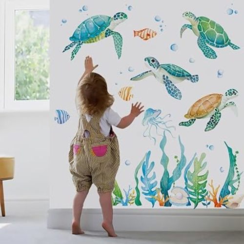 Runtoo Sea Turtle Wall Decal Under The Sea Coral Reef Seaweed Wall Stickers Ocean Grass Bathroom Bedroom Baby Nursery Home Decor