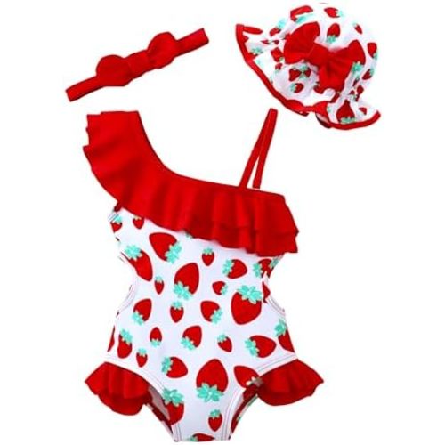 Renotemy Newborn Baby Girl Swimsuit Toddler Ruffle Shoulder One-Piece Girls Swimsuit Bikini Tankini Infant Swimwear with Hats
