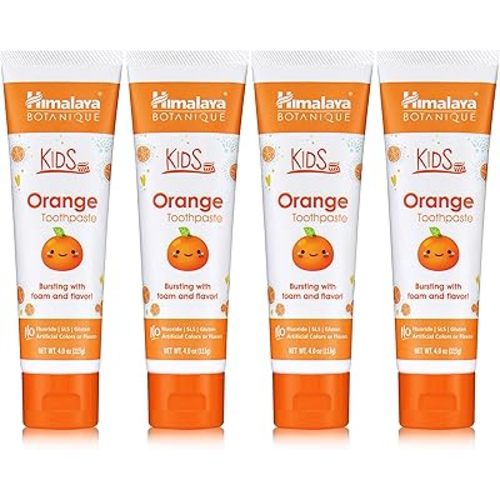 Himalaya Botanique Kids Toothpaste, Herbal, Orange Flavor, Fights Plaque, Fluoride Free, Gentle, No Artificial Flavors or Colors, SLS Free, Gluten Free, Cruelty Free, Vegan, Foaming, 4 Oz, 4 Pack…