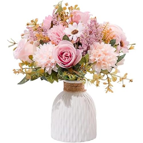 Epicpetal Fake Flowers in Vase, Artificial Pink Flowers in Vase for Decoration Faux Flowers Fake Floral for Home Decor Indoor Dining Table Centerpiece (Pink)
