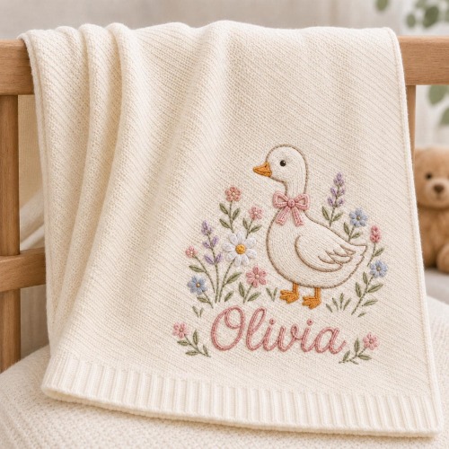 Cute Goose Personalized Embroidered Baby Blanket, Custom Name Soft Knit Blanket, Daisy Floral Newborn Blanket, Nursery Gift