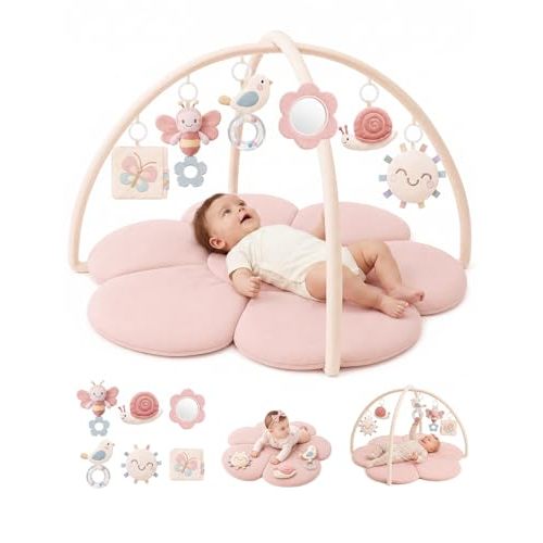 KONSSY Flower Baby Play Gym Mat，Flower Infant Activity Gym with Soft Arches | 6 Detachable Sensory Toys, Cotton Surface, Anti-Slip Bottom, Newborn Tummy Time Gift