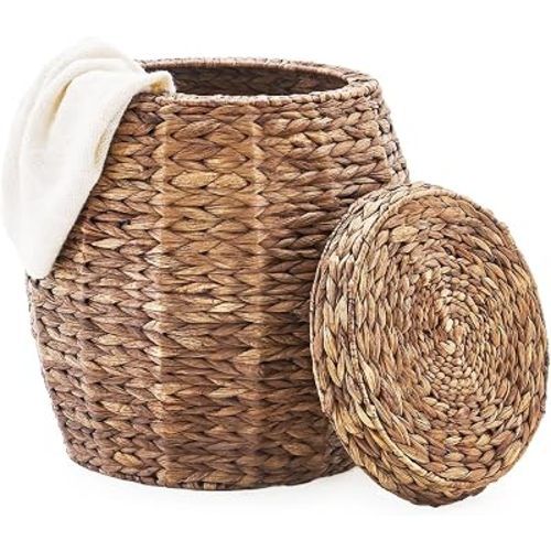 Round Wicker Basket with Lid, Handwoven Hyacinth Storage Basket, Blanket Organizer Basket for Laundry, Bathroom, Bedroom, Living Room, Office