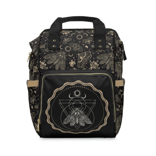 Occult Cicada Diaper Bag Nappy Backpack w/ witchy esoteric moth & scarab pattern. A spooky gift for a goth witchcore mama's baby shower