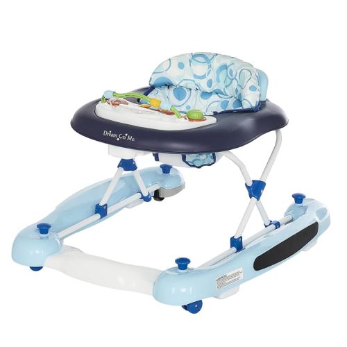 Dream On Me Go-Getter Baby Walker and Walk Behind Walker, Adjustable Seat Height, Comfortable Padded Seat, Easy to Fold, Pack and Store, Detachable Fun Tray, Blue