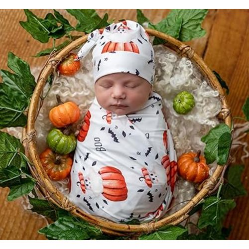 Newborn Baby Halloween Receiving Blanket Stretchy Knit Swaddle Set with Matching Headband and Beanie (White)