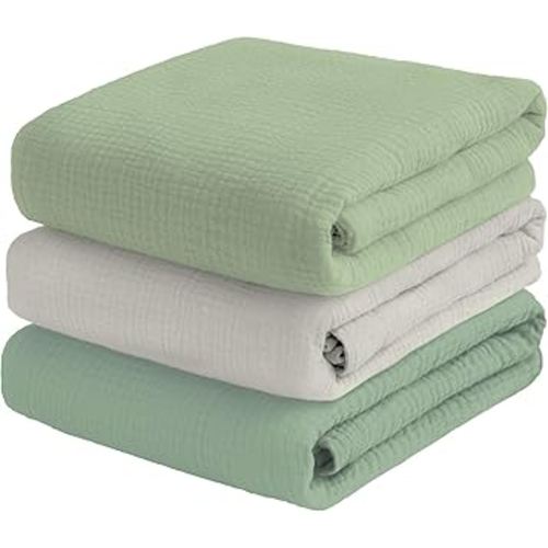 Muslin Swaddle Blankets for Baby Boy - 3 Pack 47x47 Inch Large Receiving Blankets, Soft Breathable Cotton Nursery Swaddles for Newborn, Infant & Todler (Sage Green, Cream White, Pea Green)