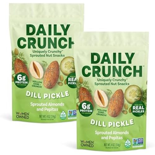 Daily Crunch Sprouted Almonds and Dehydrated nuts for a Unique Crunch, Keto Friendly, Non-GMO Zero Seed Oils, Gluten Free, 4oz (2 Pack, Dill Pickle)