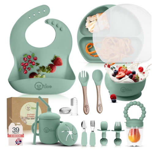 O'doe 17-Piece BPA-Free Silicone Baby Feeding Set | Thick & Soft Suction Plates, Baby Bowls, Wooden Fork & Spoon, and More | Make Mealtime Fun and Easy for Your Little One (Green, V2)