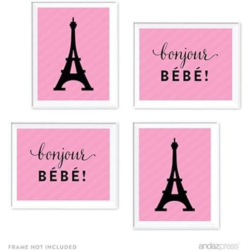 Andaz Press Paris Bonjour Bebe Girl Baby Shower Collection, Party Signs, Graphic Decorations, 8.5x11-inch, 4-Pack, Nursery Kids Room Wall Art