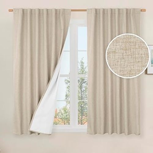 LAMIT 100% Blackout Window Curtains for Bedroom, 45 Inches Linen Textured Thermal Farmhouse Curtains Back Tab and Rod Pocket Window Panels with White Liner, 2 Panels, 52 x 45 Inch, Linen