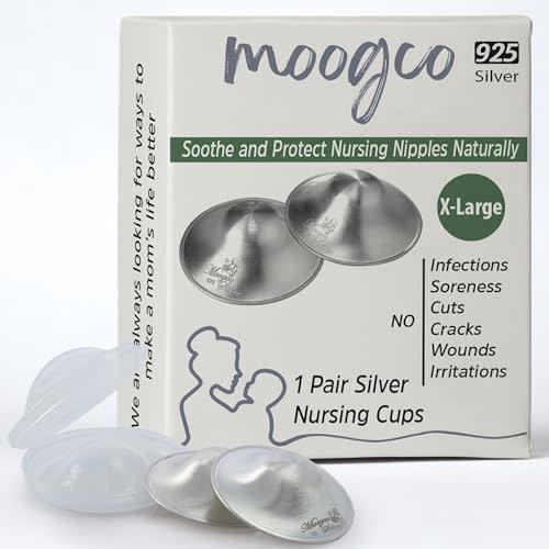 Moogco The Original Silver Nursing Cups - Nipple Shields for Nursing Newborn - Breastfeeding Essentials - Newborn Essentials Must Haves - Nipple Covers Breastfeeding - 925 Silver (X-Large)