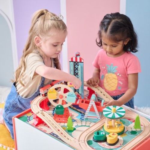 Teamson Kids Florida Amusement Park Wooden Activity Table with 6 Mini-Games & Train Rail