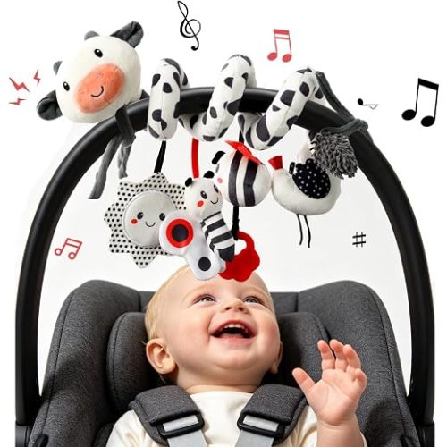 Baby Stroller Toy, Black and White Spiral Hanging Toy with Cow Design, Toys for 0-6 Month Newborns, can be Installed on Baby beds and car Seats,Shower Gift for Boys Girls