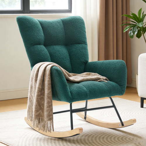 VANECL Nursery Rocking Chair Teddy Upholstered, Glider Rocker Rocking Accent Chair Padded Sea with High Backrest Armchair Comfy Side Chair for Living Room Bedroom, Green